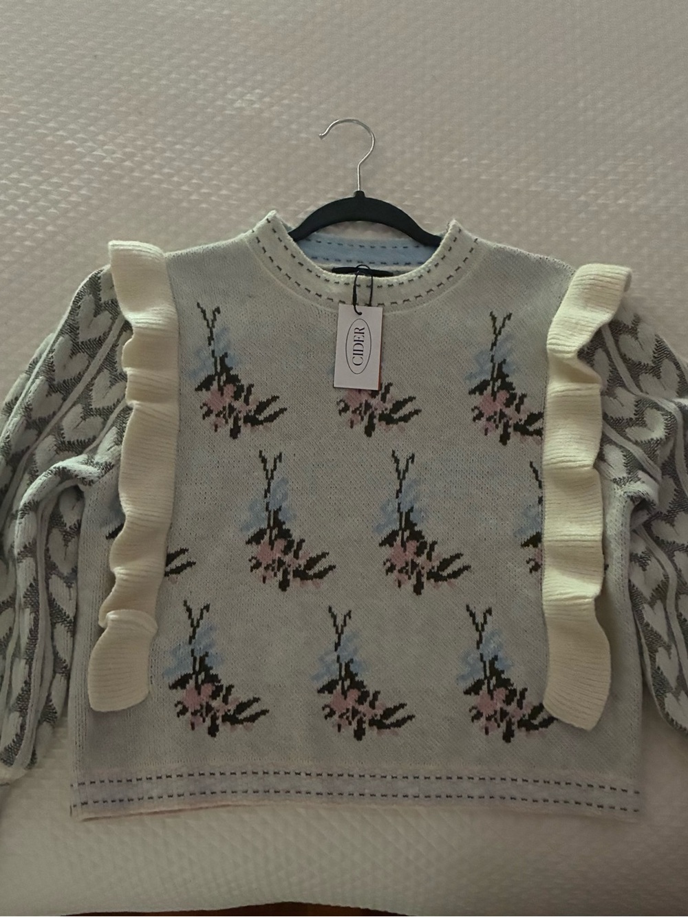 Cider Cream Floral Ruffle Crewneck Sweater